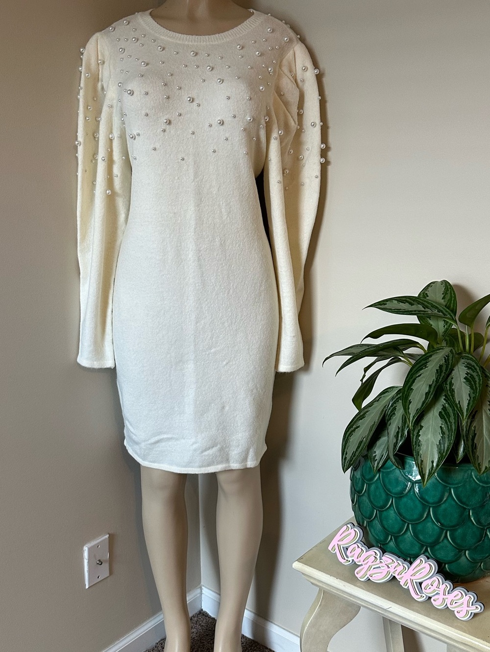 Express Pearl-Embellished Cream Midi Sweater Dress